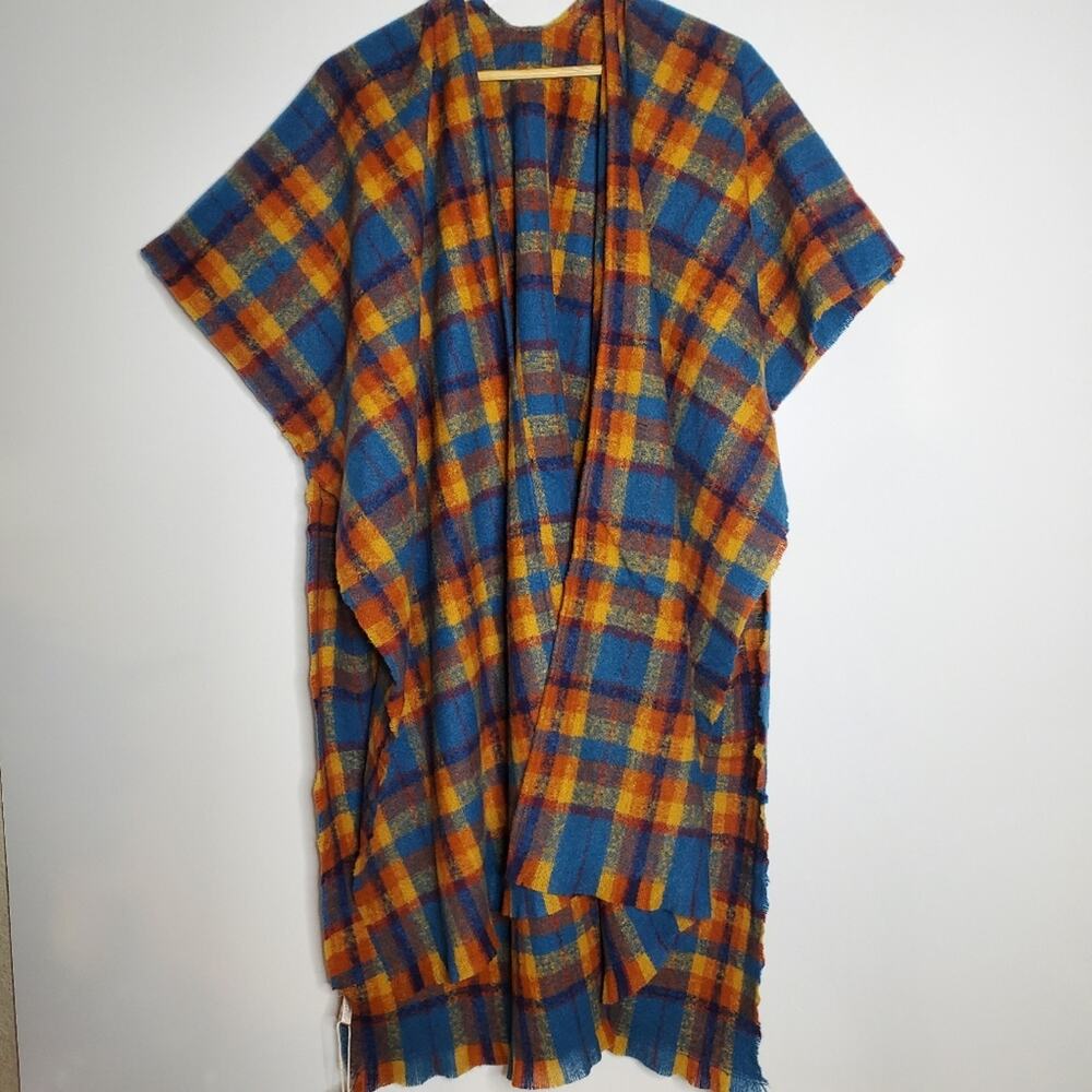 Styline NEW super soft Colorful Orange & Blue plaid fringed blanket shawl